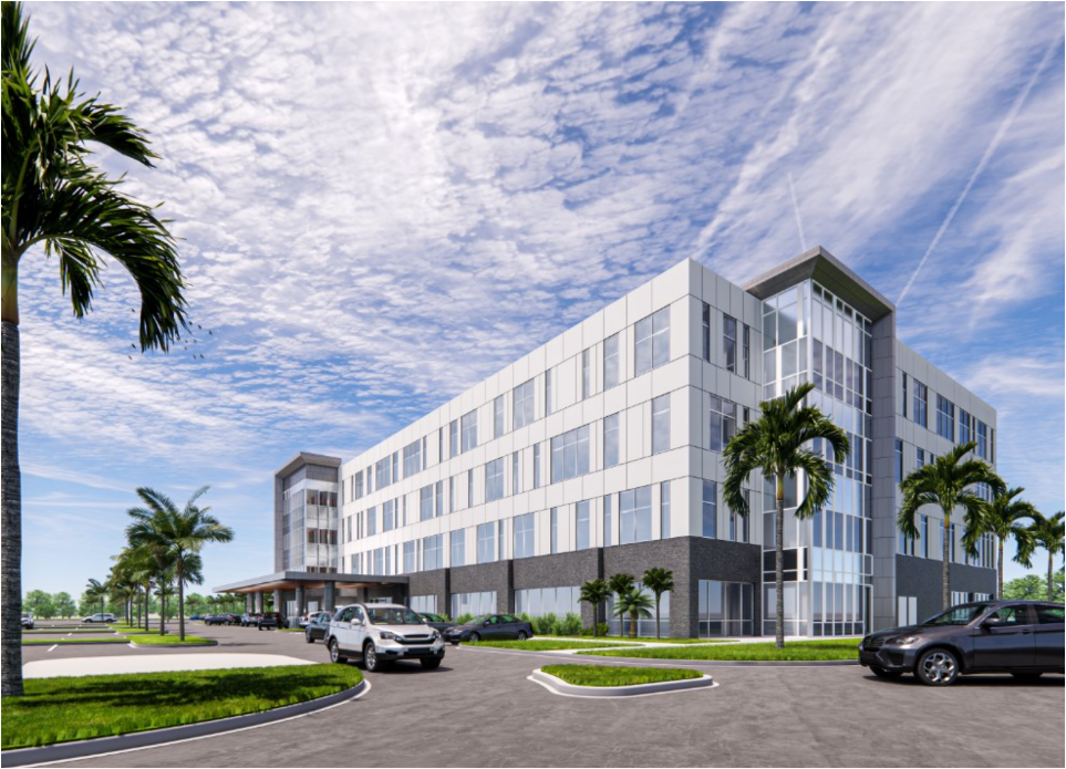 medical building mockup with blue skies